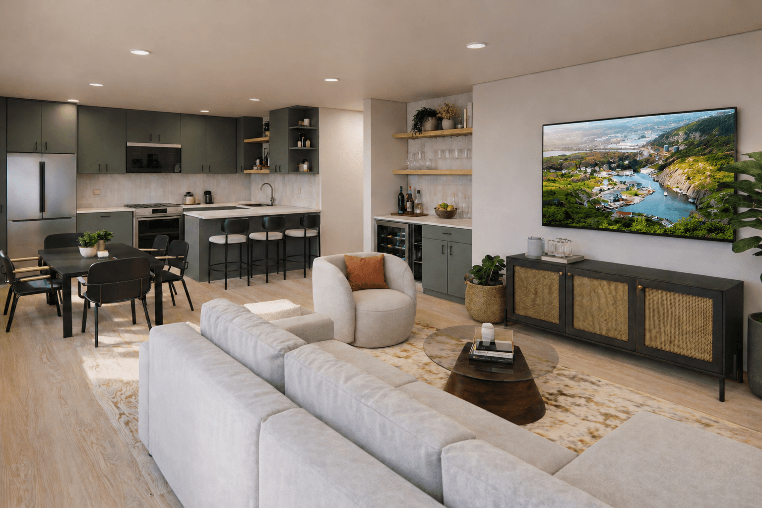 Modern apartment kitchen at The Cove with a view of Quidi Vidi Lake